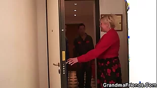 two men have fun with busty amateur blonde grandmother
