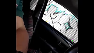 flashing cock, belly and man boobs in car on busy town street