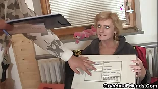 two delivery men bang old lady